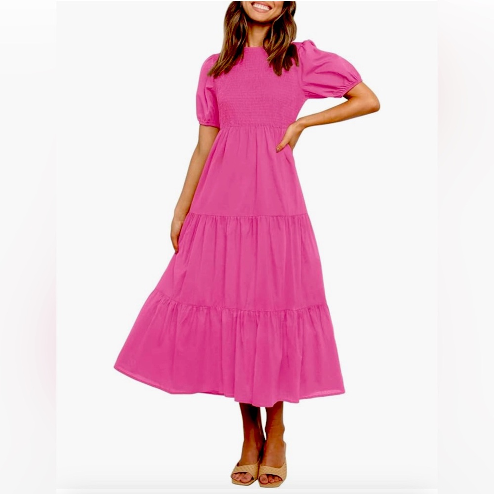 Zesica Puff Sleeve Smocked High Waist Ruffle Tiered A Line Pink Midi Dress